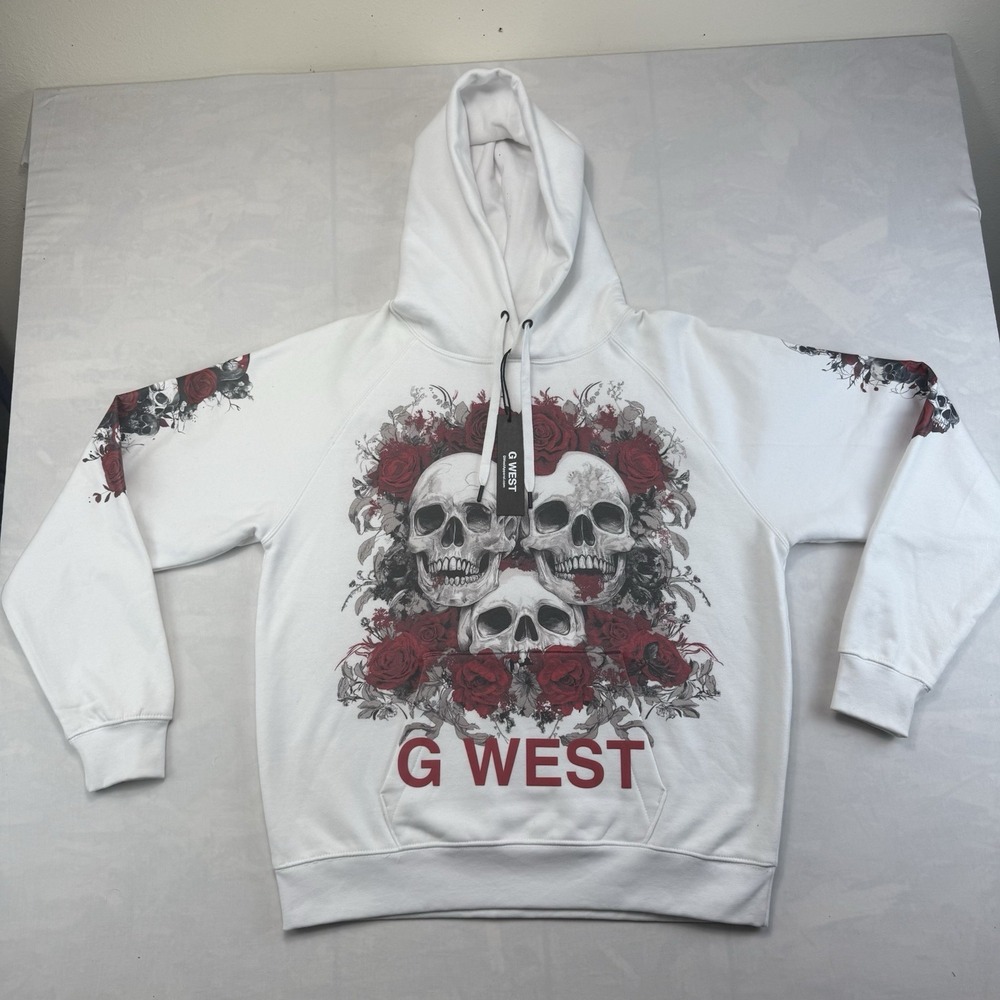G West Skull Rose Hoodie Mens L White Graphic Pullover Streetwear